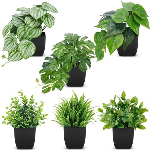 Der Rose 6Pcs Small Faux Plants Indoor with Black Pots for Bathroom Decor by DerRose