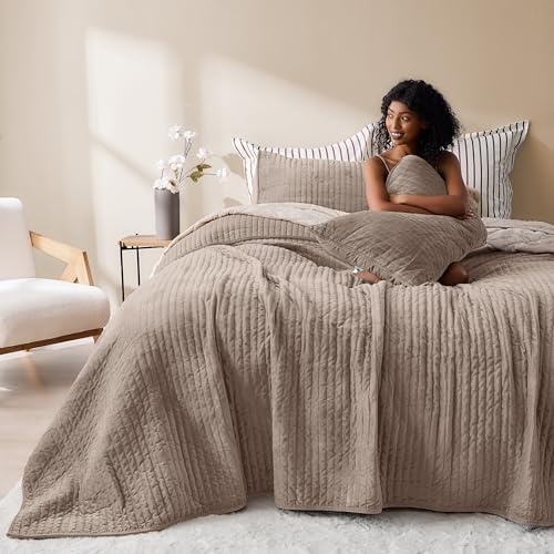 Wonderful - Velvet Quilt Set King Size Light Brown, Soft Cotton-Feel Plush Coverlet with Shams, Premium Vertical Channel Stitched, Lightweight All-Season Bedspread by WonderfulBeddingforSleeping