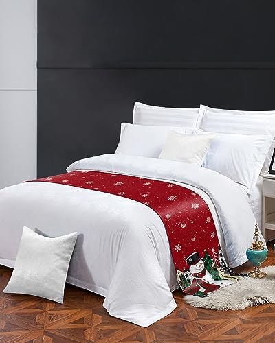 Red Snowman Christmas Bed Runners for Twin Size Bed, Xmas Tree Decorative Bed Throws for Foot of Bed, Winter Snowflake Bed Runner Sofa Throw Bedding Scarf Protector Slipcover for Bedroom/Hotel - Image 3