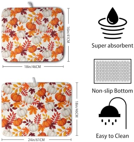 Fall Dish Drying Mat for Kitchen Counter Autumn Orange White Pumpkin Maple Leaves Dishes Drying Pad Thanksgiving Absorbent Microfiber Dish Drainer Rack Mat Holiday Dish Mat 16x18 Inch - Image 2