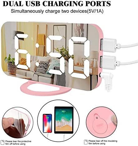Lamisola Pink Digital Alarm Clock for Girls, Large LED Mirror Desk Clock, 2 USB Charging Ports, Nightstand Table Aesthetic Sleek Clocks Decor for Bedroom Office, Pink - Image 5