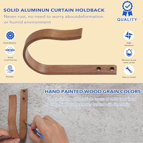 Light Brown Wood Grain Curtain Holdbacks,Solid Aluminum Wall Mounted Curtain Tiebacks & Hooks,U Shape Curtain Holders,Elegant Curtain Pull Backs for Drapes, Curtains(2 Pack) - Image 3
