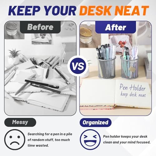 Segarty Pen Holder for Desk, 3 Pack Round Silver Pen Holder, Wire Mesh Pencil Cup Holder Containers Set, Desktop Organizer for Office Supplies, School Classroom, Home, Makeup Brush - Image 4