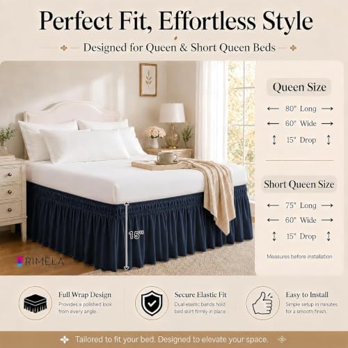 Navy Blue Bed Skirt Queen Size 15" Drop, Elastic Wrap Around Bedskirt - Image 5