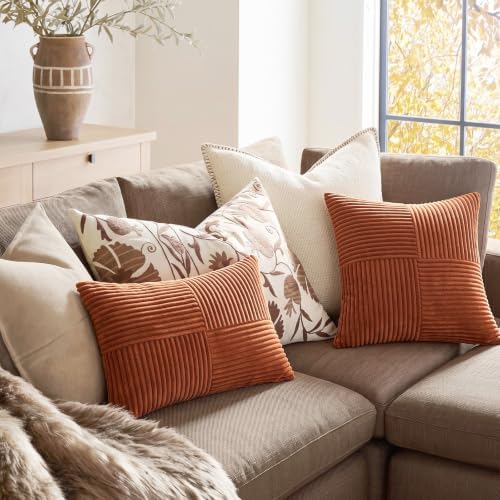 Fancy Homi 2 Packs Rust Long Lumbar Decorative Throw Pillow Covers 12x24 Inch for Couch Bed Sofa, Farmhouse Boho Home Decor, Soft Corduroy Patchwork Rectangle Terracotta Cushion Case 30x60 cm - Image 5