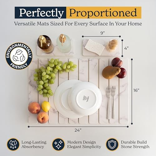 Oleex 3-Pack Stone Dish Drying Mat Set Includes 1 Large 24”x16” & 2 Small 4”x9” for Kitchen Counter-Collapsible Diatomaceous Earth Pad Absorbs Water & Dries Dishes Fast, Non-slip, Odor-Resistant Mats - Image 2