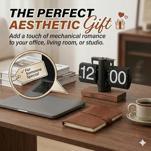 Vintage Auto Flip Down Clock - Mechanical Digital Desk Clock with Solid Walnut Wood Base - Battery Operated Retro Table Clock for Home, Office Decor & Unique Gift - Image 6