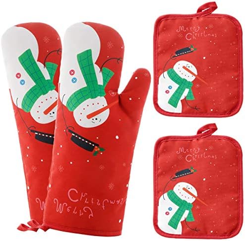 Oven Mitts and Potholders BBQ Gloves-Oven Mitts and Pot Holders with Recycled Infill Silicone Non-Slip Cooking Gloves for Cooking Baking Grilling (4-Piece Set) (Red Christmas Snow) by Win+Change