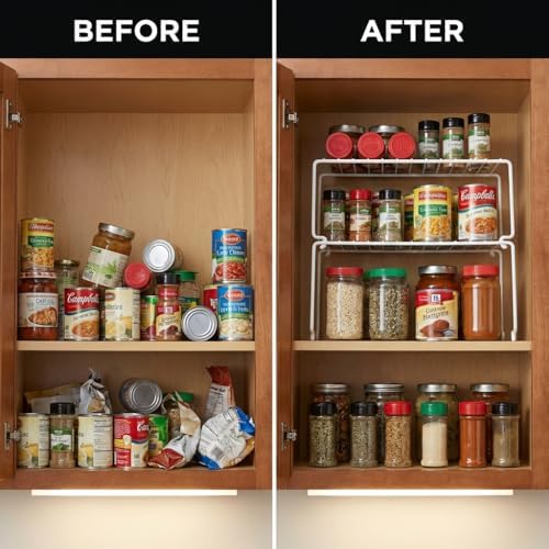 2-Pack Small (10.8x5.3inch) White Stackable Shelf Organizer Rack, Kitchen Shelves Organization for Cabinet, Pantry Organizers and Storage, Wire Shelf Rack, Desk Organizer, Rustproof - Image 3