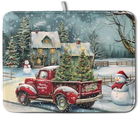 Christmas Red Truck Xmas Tree Snowman Dish Drying Mat for Kitchen Counter 18x24 Inch Winter Snowflake Vintage Absorbent Dish Pad Farmhouse Microfiber Dish Drainer Mats Christmas Kitchen Accessories by Wnoesat