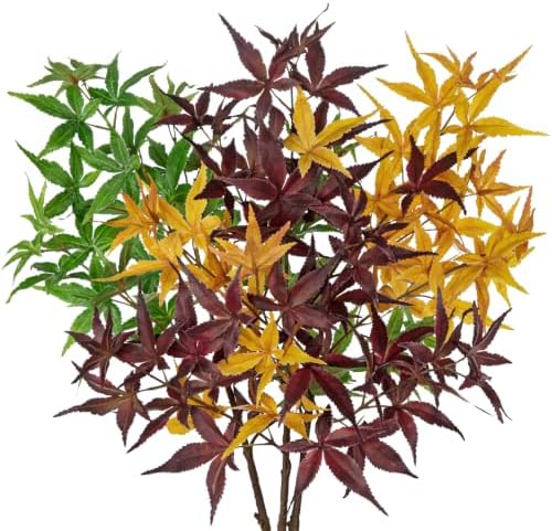 Hollyone 3Pcs Artificial Japanese Maple Leaves Branches 31.5'' Fake Fall Leaves Stems Plants Faux Maple Leaf Bushes Shrubs for Home Decor Thanksgiving Festival Party Autumn Decorations Mixed Color by Hollyone