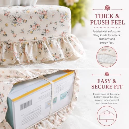 Cotton Tissue Box Cover, Thick Padded Rectangle with Lace, Rose Floral - Image 7