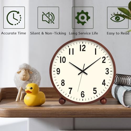 Maxspace Wooden Table Clock,8in Silent Non-Ticking Desk Clock,Battery Operated Desktop Analog Clock for Living Room Bedroom Kitchen Office Classroom Decor (Walnut - Cream Finish) - Image 3