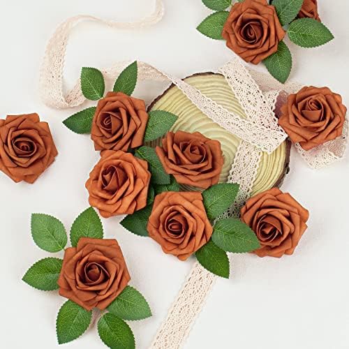 Mocoosy 50Pcs Burnt Orange Roses Artificial Flowers, Rust Fake Rose for Decoration, Real Touch Terracotta Foam Roses Bulk with Stems Wedding Bouquet Bridal Shower Centerpieces Arrangement Party Decor - Image 3