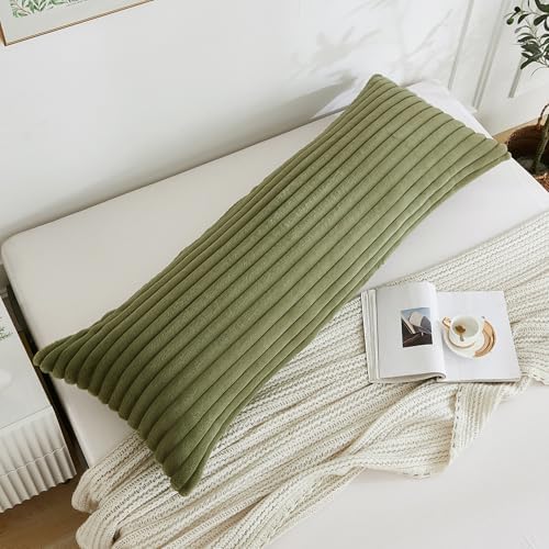 Full Body Pillow with Fluffy Stripe Faux Fur Removable Cover, Long Bed Pillow Adult 20x54 Inches for Side Sleeper and Pregnancy, Sage. - Image 3