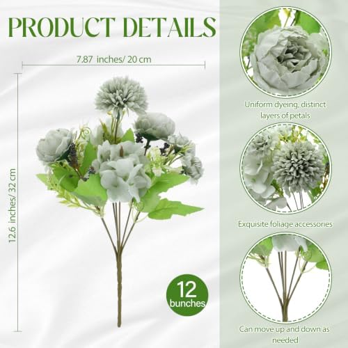 Tigeen 12 Bundles Artificial Flowers Bouquet Silk Peonies, Green - Image 2