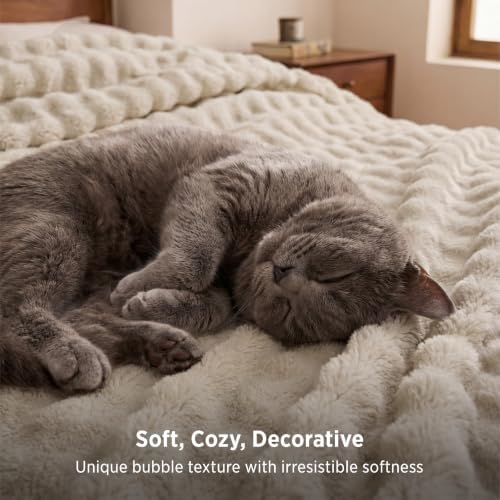 Bedsure Cloud Bubble Fleece Queen Blanket for Bed, Beige, 90"×90" - Image 3