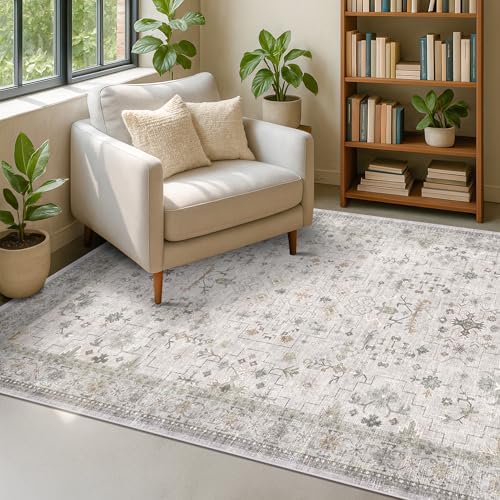 Hazo Haus Boho Washable 5x7 Living Room Rug - Neutral Light Gray & Sage Area Rugs for Nursery, Dining Under Table, Bedroom, Modern Vintage Eclectic Geometric Floral, Low Pile Stain Resistant by HazoHaus