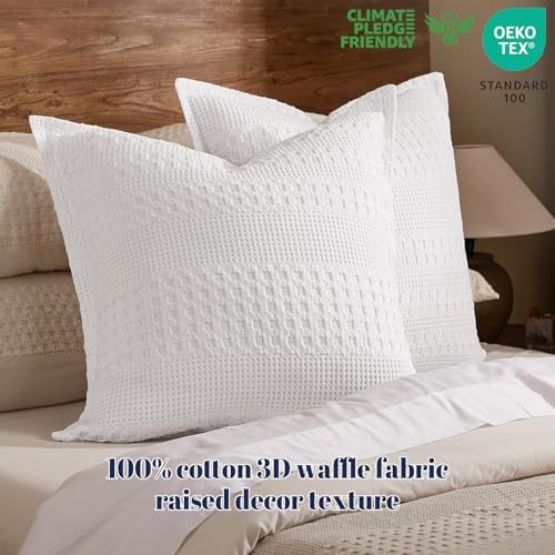 PHF Cotton Ruffle Waffle Weave Euro Sham Covers 26"x26", White, No Insert - Image 3
