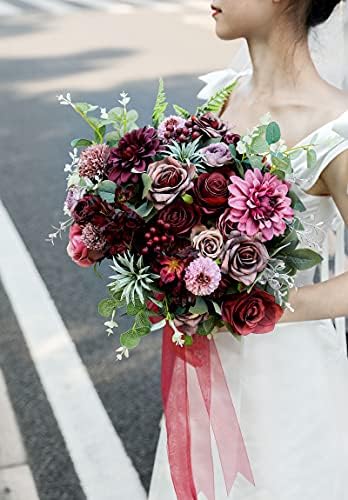 Serra Flora Artificial Flowers Combo Dahlia 25pcs Silk Fake Flowers Roses for DIY Wedding Bouquets Burgundy Centerpieces Arrangements Party Bridal Baby Shower Home Decorations(Burgundy) - Image 2