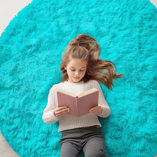 OLANLY Teal Blue Round Rugs for Bedroom - Machine Washable, 5 ft Circle Area Rugs for Living Room, Soft and Fluffy Shaggy Carpet for Teen Girls and Boys, Nursery Rooms, Dorms, Home Decor Aesthetic by OLANLY