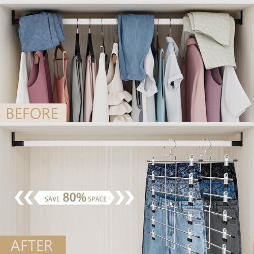 Pants Hangers with Clips,Space Saving Hanging Closet Organizer-6 Tiers Skirt Hangers with 360° Swivel Hook,Closet Organizer-Clothes Hangers- College Dorm Essentials Apartment Essentials-2 Pack - Image 2