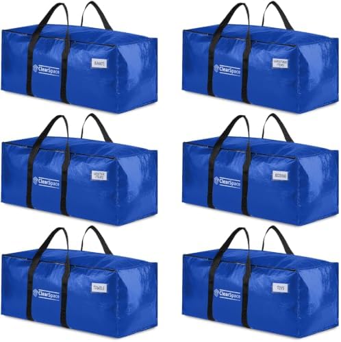 ClearSpace Heavy Duty Moving Bags or Storage Bins with Lids, Blue, 6 Pack by ClearSpace