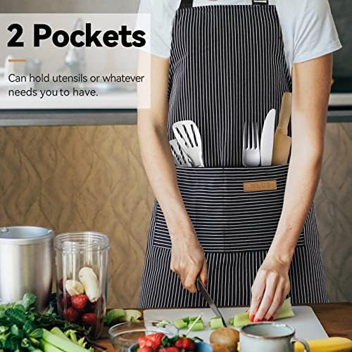 NLUS 2 Pcs Kitchen Cooking Aprons, Poly/Cotton Blend Adjustable Soft Bib Stripe Aprons with 2 Pockets for Women Men Chef (Blue Pinstripes/Black Pinstripes) - Image 2