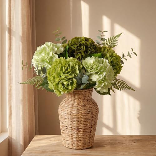 Pinkpum 6 Pcs Mix Green Hydrangea Artificial Flowers with Fens & Eucalyptus by Pinkpum