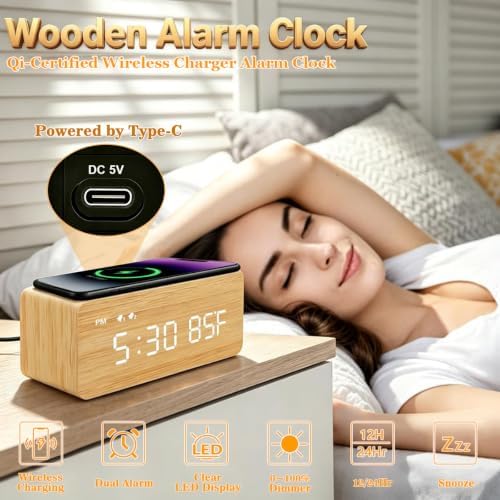 Premium Bamboo Wooden Digital Alarm Clock with Wireless Charging Pad, Time & Temperature Display, Dual Alarms & Snooze, Dimmable, Small LED Desk Clock for Bedroom Nightstand Bedside Living Room Table - Image 2