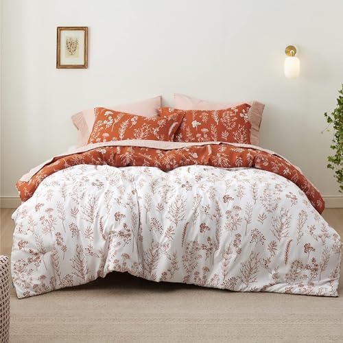 Bedsure Floral Comforter Set Cute Bedding Set Full Reversible Terracotta - Image 6