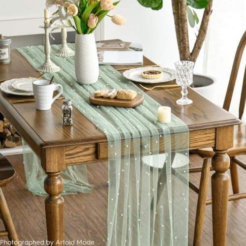 Artoid Mode Pearl Sage Green Gauze Table Runner 10FT Home Decor - Image 2