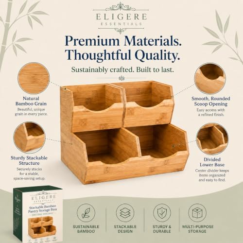 3 Piece Stackable Bamboo Pantry Storage Bins, Potato and Onion Storage, Fruit & Vegetable Container Baskets for Kitchen Countertop, Easy Front Access, Multipurpose organization - Image 6