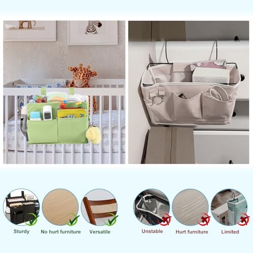 Surblue Bedside Caddy Hanging Bed Organizer Storage Bag Pocket for Bunk and Hospital Beds, College Dorm Rooms Baby Bed Rails, Camp 4 Pockets and 2 Hooks (Small,Sage Green) - Image 4