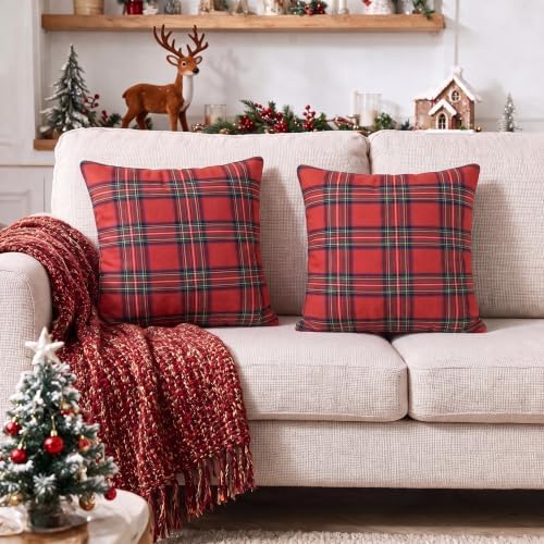 AVOIN colorlife Christmas Red Green Plaid Decorative Throw Pillow Covers, 16 x 16 Inch Holiday Scottish Tartan Cushion Case Farmhouse Decoration for Sofa Couch Set of 2 - Image 5