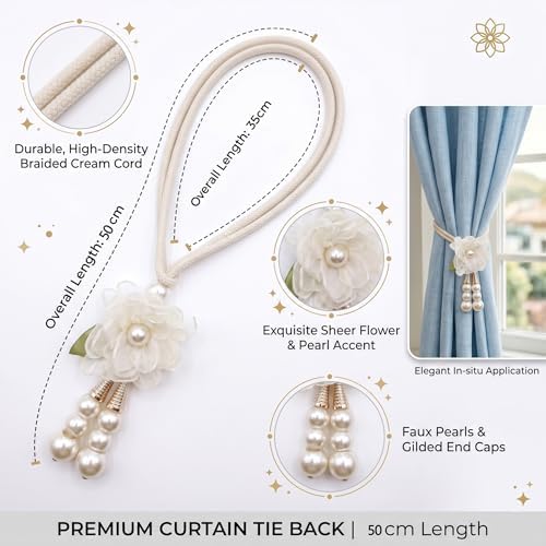 Adjustable Curtain Tiebacks， 4pcs(2pair) Hand-Woven Rope with Silk Flower & Pearl， Decorative Window Cord Holders for Drapery， Long Loop Design for All Curtain Thickness (Ivory White) - Image 6