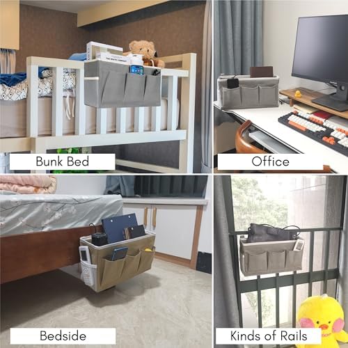 Kanrichu Bedside Caddy Hanging Storage Bag, Organizer Baskets with Pockets for Bunk Bed Accessories, Loft & Dorm Rooms Chair Bed Rails (Gray-3pcs) - Image 2