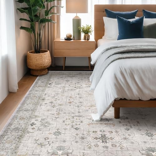 Hazo Haus Boho Washable 5x7 Living Room Rug - Neutral Light Gray & Sage Area Rugs for Nursery, Dining Under Table, Bedroom, Modern Vintage Eclectic Geometric Floral, Low Pile Stain Resistant - Image 3