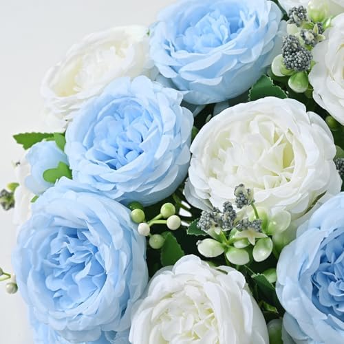 8 Packs Peonies Artificial Flowers Mixed White Blue Silk Artificial Peonies - Image 3