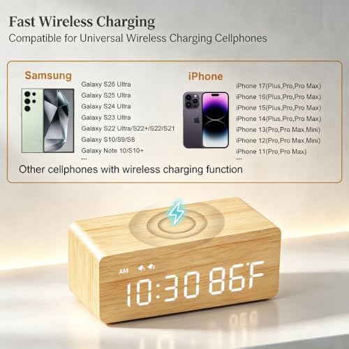 Premium Bamboo Wooden Digital Alarm Clock with Wireless Charging Pad, Time & Temperature Display, Dual Alarms & Snooze, Dimmable, Small LED Desk Clock for Bedroom Nightstand Bedside Living Room Table - Image 3