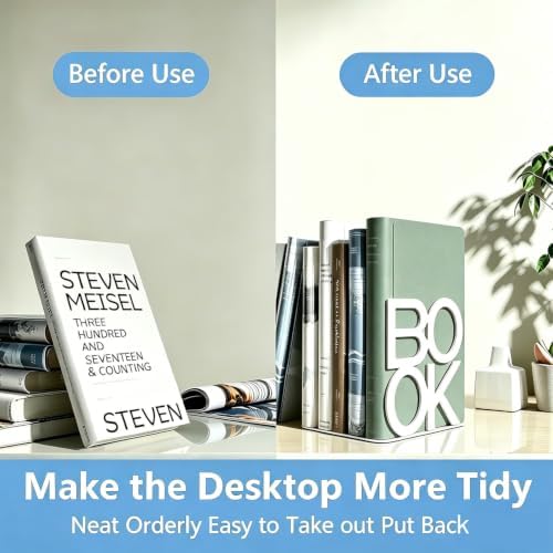 Book Ends - Decorative Metal Book Ends Supports for Bookrack Desk,Books, Unique Appearance Design,Heavy Duty (White, 4 Pair) - Image 4