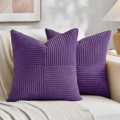 Fancy Homi 2 Packs Purple Decorative Throw Pillow Covers 18x18 Inch for Living Room Couch Bed, Boho Farmhouse Home Decor, Soft Corss Corduroy Patchwork Textured Square Cushion Case 45x45 cm by Fancy+Homi