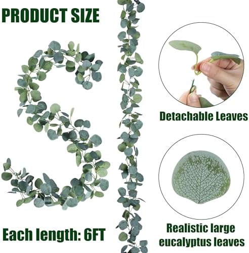 Sggvecsy 2 Pack Artificial Eucalyptus Garland Greenery Leaves Handmade 3D Silk Vines Silver Dollar Leaves Faux Leaf Plants for Wedding Wall Table Party Home Fireplace Bedroom Decor - Image 6