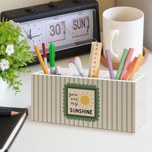 Boho Classroom Pen Holder, You Are My Sunshine Office Pen Pencil Holder Organizer for Desk Accessories, Retro Striped Wooden Box Desk Decor for Kids Nursery Room Office Desk Decorations - Image 2