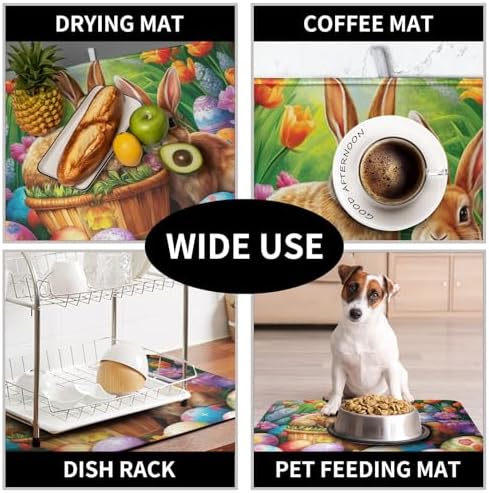 Easter Bunny Eggs Dish Drying Mat for Kitchen Counter, Tulip Floral Flower Drying Mat Spring Summer Holiday Dish Mat Drying Kitchen Mat Absorbent Kitchen Drying Mat for Sink 16x18Inch - Image 7