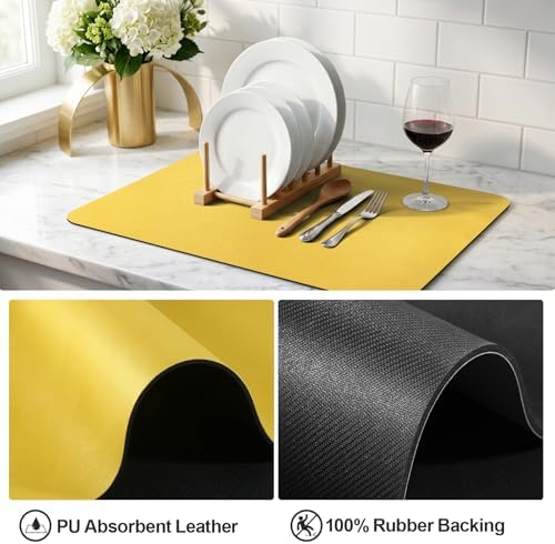 Ecotrim - Dish Drying Mat for Kitchen Counter | Coffee Bar Mat for Countertops | Heat Resistant Drainer Mat with Non-slip Rubber Backed | Hide Stain Kitchen Absorbent Draining Mat | Yellow 18"x28" - Image 4