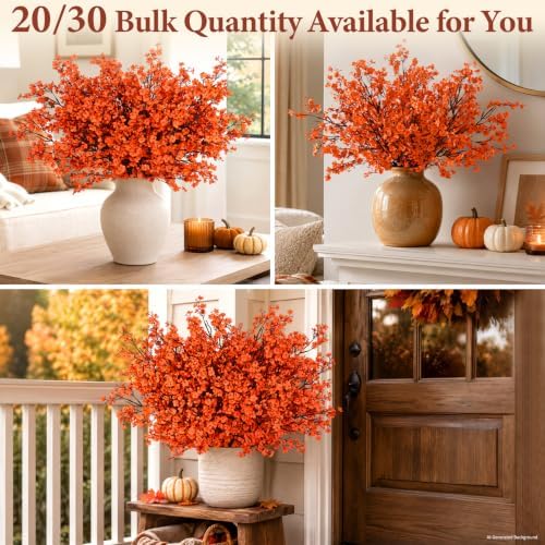 20 Pcs Baby Breath Flowers Artificial Bulk, Fake Fall Flowers, Orange - Image 4