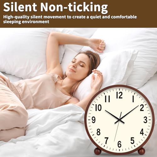 Maxspace Wooden Table Clock,8in Silent Non-Ticking Desk Clock,Battery Operated Desktop Analog Clock for Living Room Bedroom Kitchen Office Classroom Decor (Walnut - Cream Finish) - Image 4