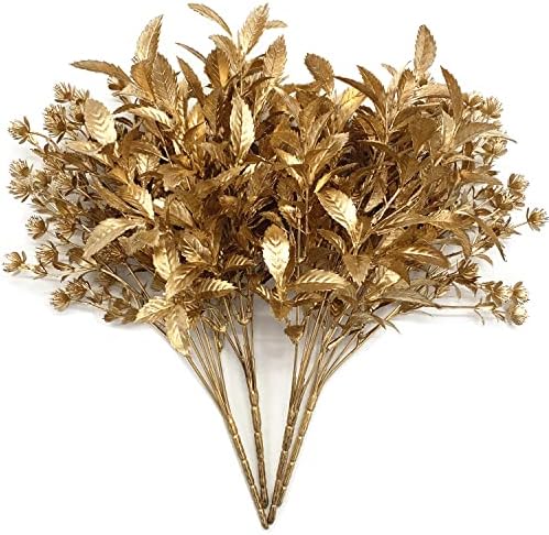 CATTREE Artificial Gold Plants for Christmas, Golden Leaves Plastic Faux Gypsophila Fake Simulation Baby Breath Flowers for Home Indoor Outdoor Wedding Decoration Hall Table Planter Filler 4 Pack by CATTREE