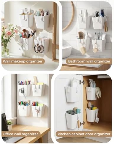 6 Pack Rolling Cart Accessories, White Craft Cart Cup Holder and 8 Hooks for Utility Carts Accessories, Adhesive Kitchen Cabinet Door Storage, Space-Saving Wall Mount Organizer for Bathroom, Office - Image 6